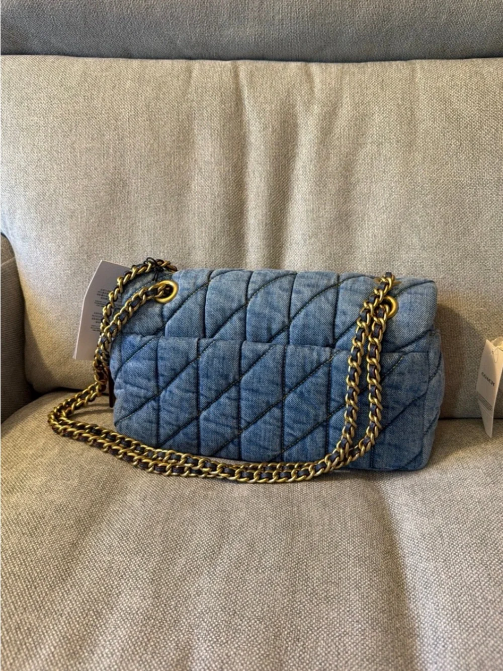 Coach Quilted Denim Shoulder Bag with Gold Chain - Light Blue 26 size